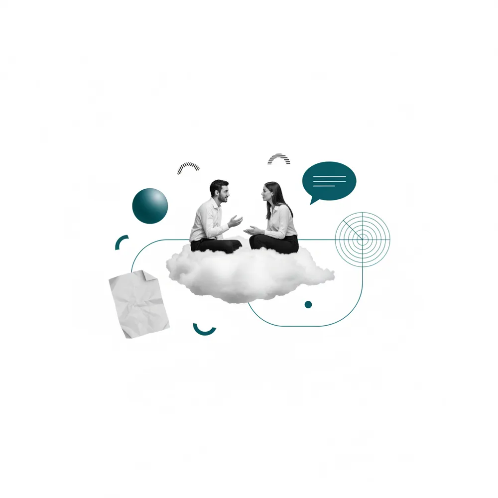 Monochrome collage of two professionals in conversation linked by a teal thread