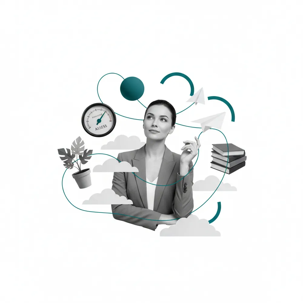 Monochrome collage of a professional surrounded by floating AI capability objects linked by a teal thread