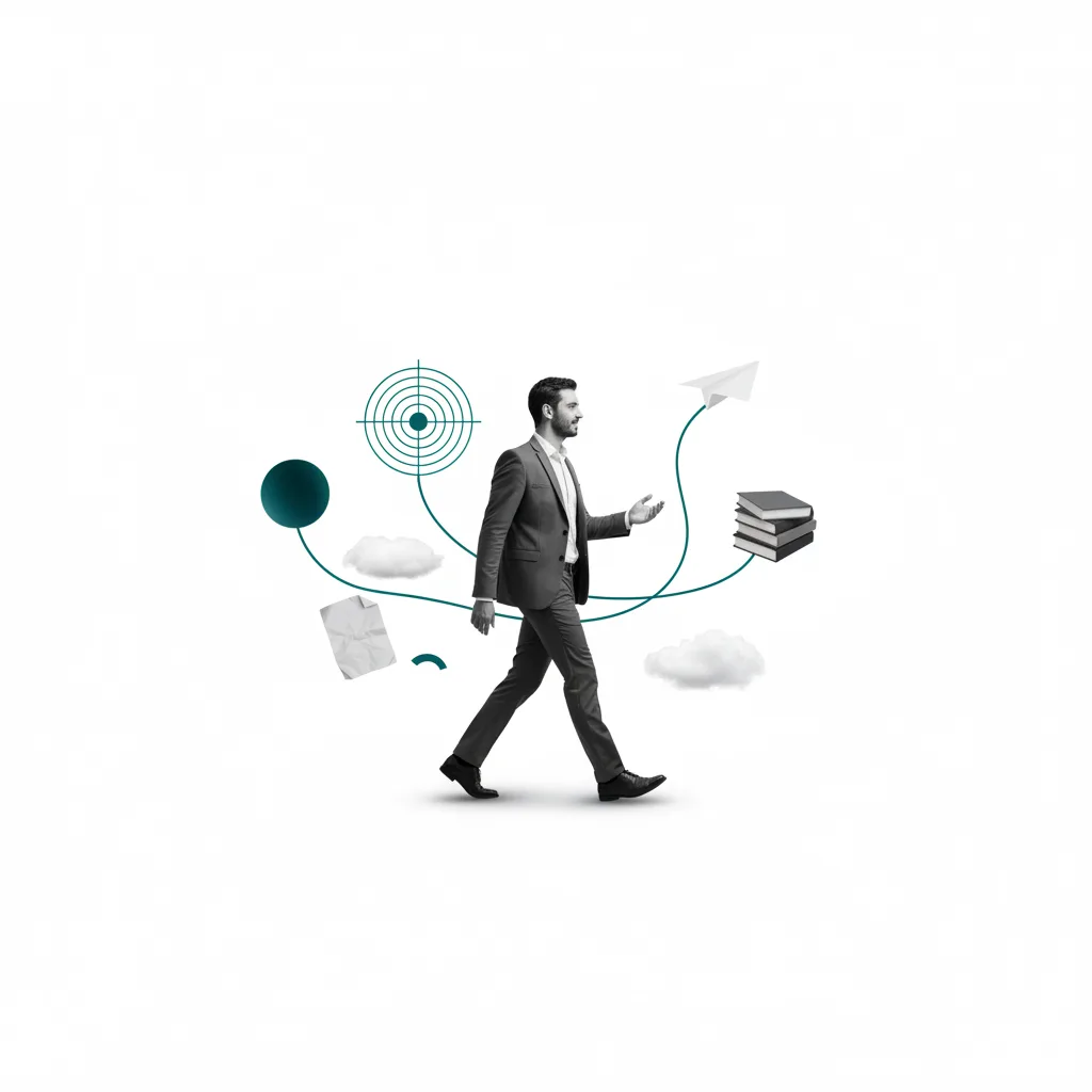 Surreal editorial collage: a monochrome figure striding forward following a paper plane, surrounded by floating objects connected by a single teal thread