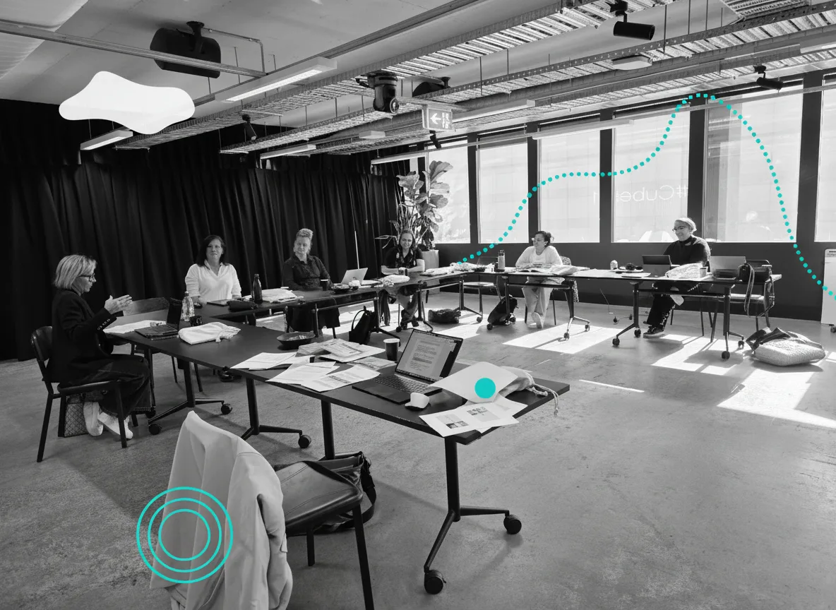 Change leaders seated around tables in a sunlit workshop space