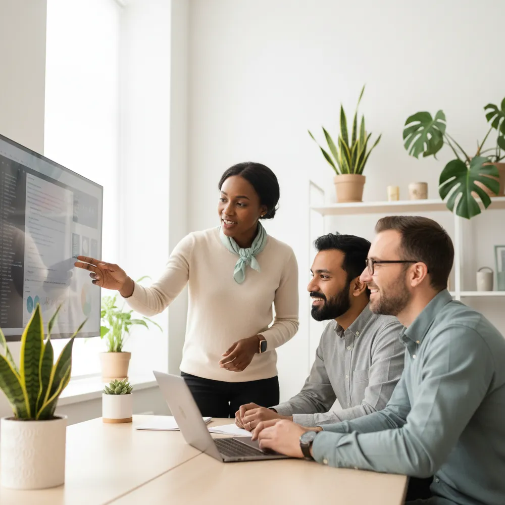 A facilitator leading a small team through a Prompt Mastery workshop in a modern office